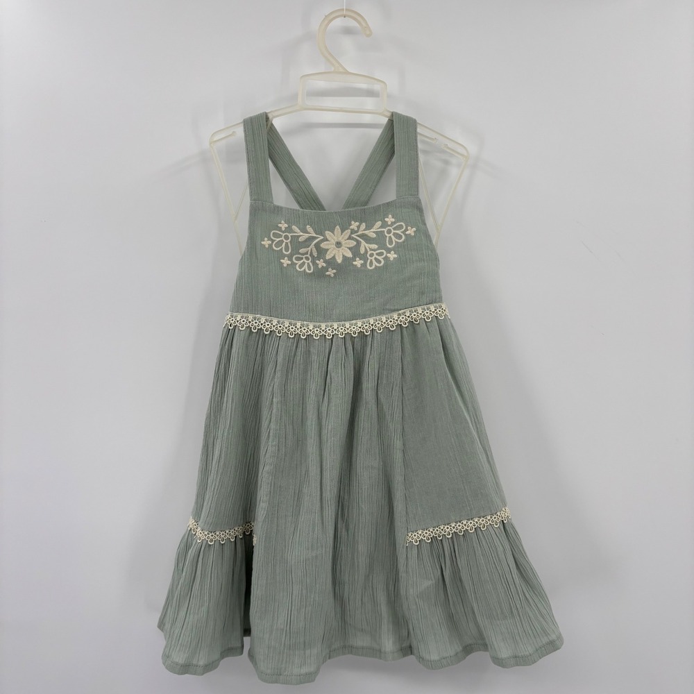 Rachel Zoe Dress Kids Size 4 Sage Green Floral Embroidered Lace Boho Cotton Cute